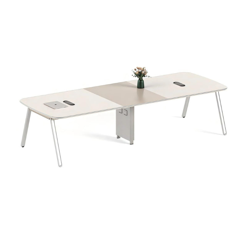 簡約辦公室會議桌正面圖,淺木色背景白色會議檯,現代辦公傢俱設計,適合香港寫字樓    Minimalist office meeting table front view, white conference desk with wood accent wall, modern workspace furniture