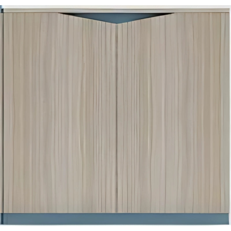 辦公室多功能文件儲物櫃 - 灰木板材藍色裝飾條設計，開放格架展示收納，封閉櫃門私密存放 | Modern office storage cabinet with grey wood finish, blue accents, open shelves & closed compartments