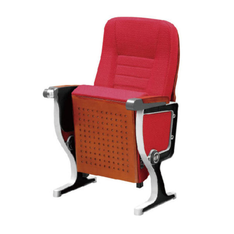 高級禮堂椅，紅布套升降靠背設計，配合鋁合金椅架，廣泛應用於演講廳、會議室、劇院等場景，提供舒適的觀看體驗。Premium auditorium seating chair with red upholstered backrest, aluminum frame structure. Ideal for theaters, conference halls, and lecture venues. Ergonomic design for optimal viewing comfort.