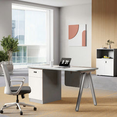 現代工作桌配A形金屬腿設計，白色面板與灰色支架，簡約風格適合香港辦公室傢俱和居家辦公   Contemporary work desk with A-frame metal legs, white top and gray pedestal structure, minimalist design for modern office and home workspace