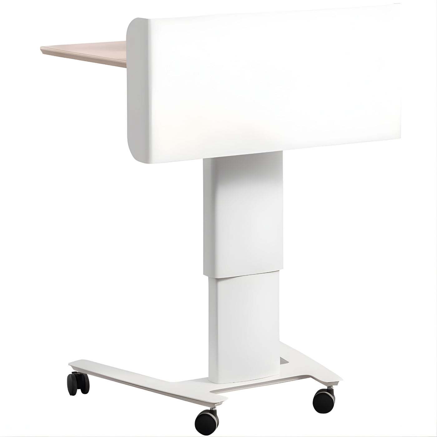 可調節高度氣動升降台|移動工作台|白色支架、木紋桌面、萬向輪設計|適用辦公室、家居、教學|Pneumatic Adjustable Height Mobile Workstation for Office and Home