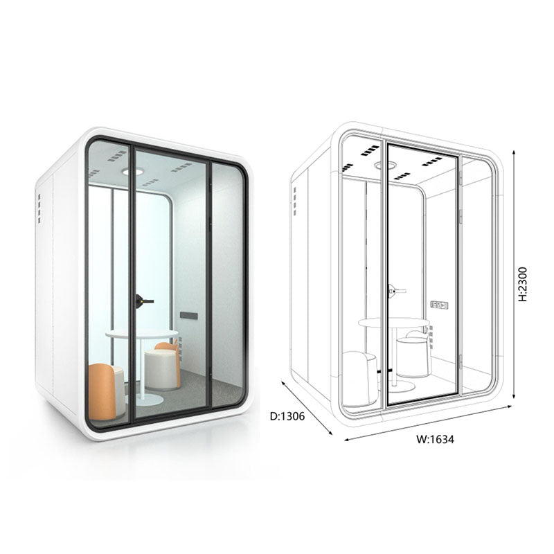 現代靜音辦公艙的多種尺寸展示，包括大型會議艙，和單人電話艙，以渲染圖、線框圖及辦公環境應用呈現，強調隔音與隱私設計。Modern soundproof office pods in various sizes, featuring a large meeting booth，and single-person phone booth, displayed in renders, line drawings, and office settings for acoustic privacy.