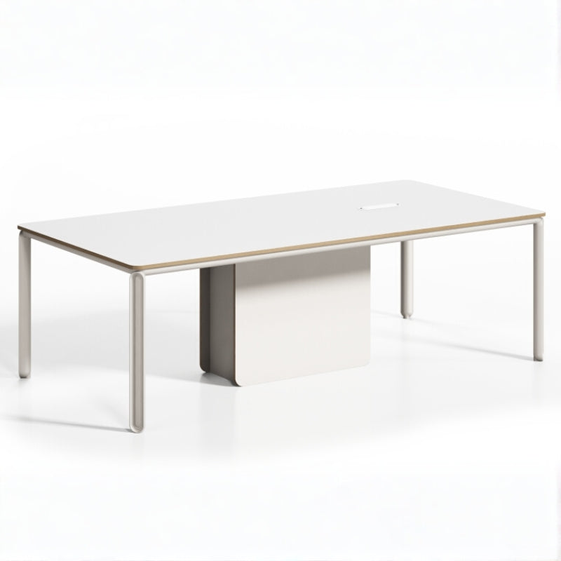 簡約會議空間展示白框木面會議桌配藍色座墊人體工學椅、筆電及裝飾植栽,城市景觀窗增添開闊感Minimalist conference space featuring white-frame wood-top table with blue-seat ergonomic chairs, laptop and decorative plants, city view windows