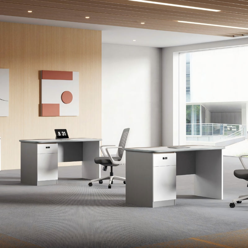 現代工作桌配A形金屬腿設計，白色面板與灰色支架，簡約風格適合香港辦公室傢俱和居家辦公   Contemporary work desk with A-frame metal legs, white top and gray pedestal structure, minimalist design for modern office and home workspace