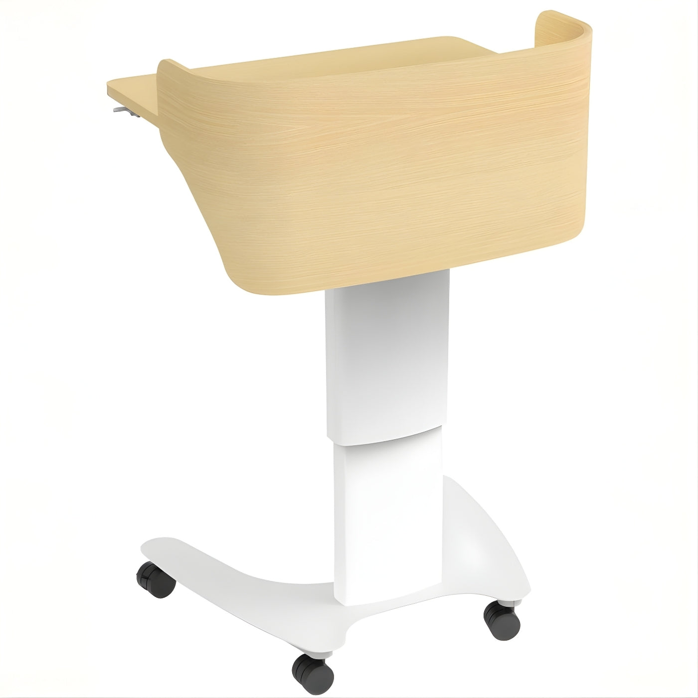 可調節高度氣動升降台|移動工作台|白色支架、木紋桌面、萬向輪設計|適用辦公室、家居、教學|Pneumatic Adjustable Height Mobile Workstation for Office and Home