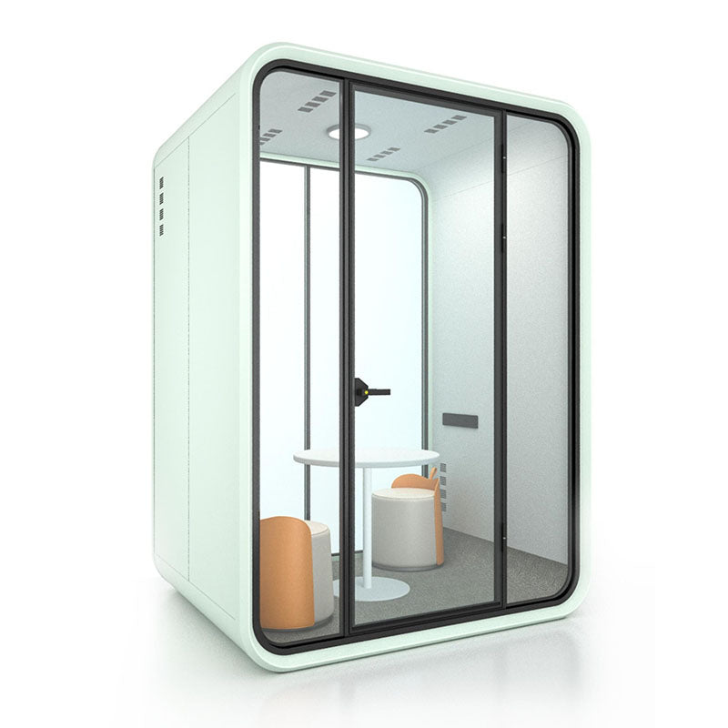 現代靜音辦公艙的多種尺寸展示，包括大型會議艙，和單人電話艙，以渲染圖、線框圖及辦公環境應用呈現，強調隔音與隱私設計。Modern soundproof office pods in various sizes, featuring a large meeting booth，and single-person phone booth, displayed in renders, line drawings, and office settings for acoustic privacy.