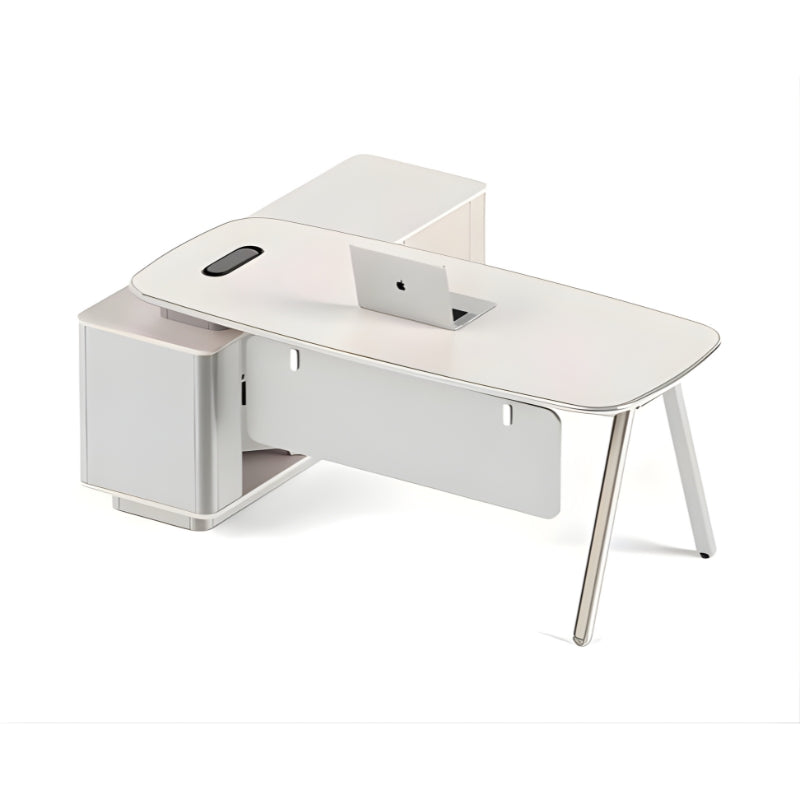 L型主管辦公桌組合，白色簡約設計配側櫃，香港辦公室傢俬首選    L-shaped manager desk set in white minimalist design with cabinet, top Hong Kong office furniture