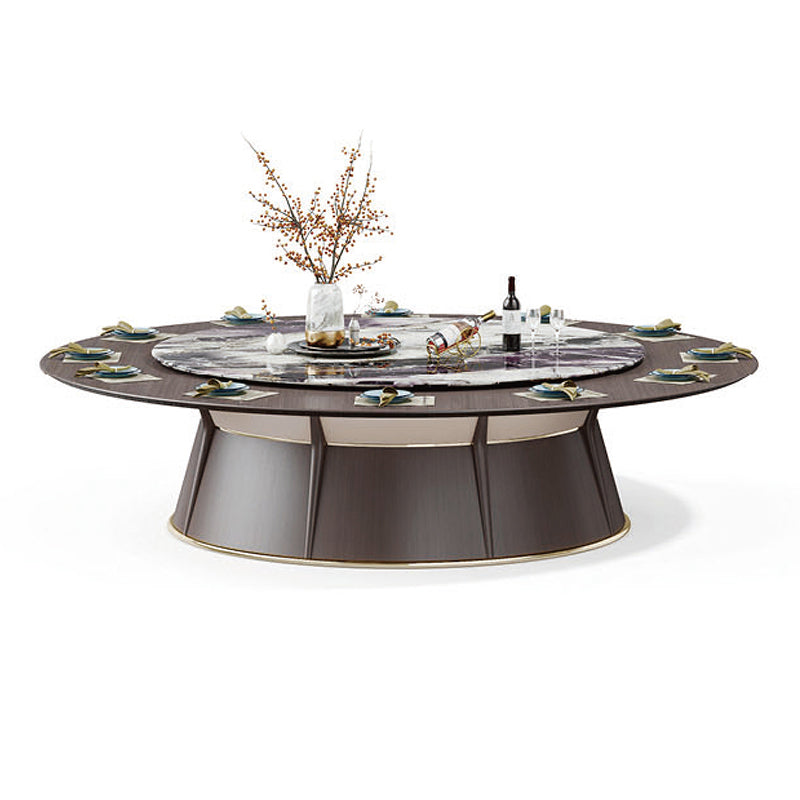 酒店包廂電動餐枱，宴會廳大圓枱，家居電動轉盤餐枱，豪華圓形設計配旋轉轉盤，周圍環繞優雅座椅，置於精緻室內空間，適合高端宴會用餐。Luxury hotel private room electric dining table with rotating turntable, surrounded by elegant chairs in a sophisticated interior, ideal for upscale banquets.electric rotating dining table Hong Kong，luxury sintered stone dining table，