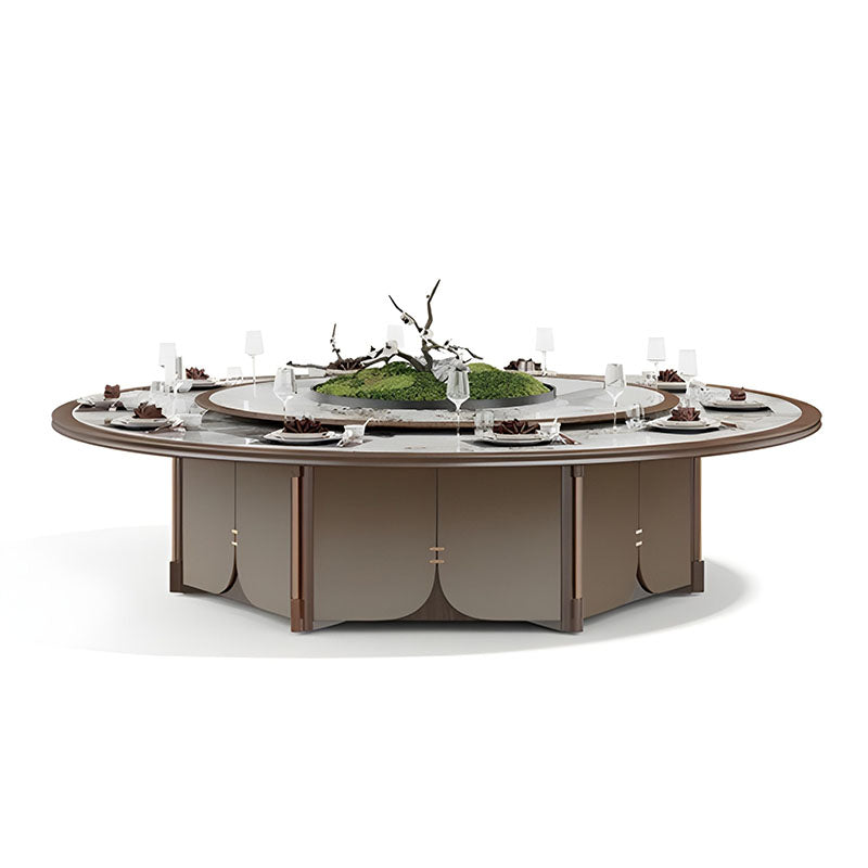 酒店包廂電動餐枱，宴會廳大圓枱，家居電動轉盤餐枱，豪華圓形設計配旋轉轉盤，周圍環繞優雅座椅，置於精緻室內空間，適合高端宴會用餐。Luxury hotel private room electric dining table with rotating turntable, surrounded by elegant chairs in a sophisticated interior, ideal for upscale banquets.electric rotating dining table Hong Kong，luxury sintered stone dining table，