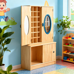 實木玻璃門儲物櫃，雙開門設計，內部多層展示架，採用天然木質材料，適合幼兒園和家庭收納。Natural wood glass-door storage cabinet with dual opening doors and multi-tier display shelves, safe eco-friendly material for playrooms and daycares.