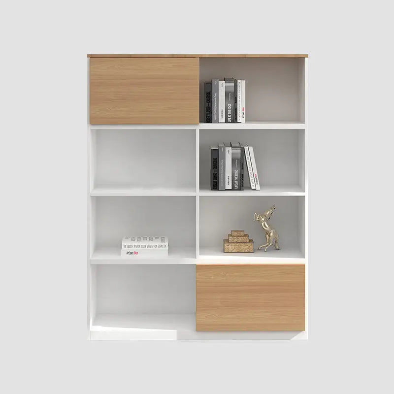 多格儲物木製櫃，白色簡約書櫃配木紋滑動門板，多層收納空間展示書籍及裝飾品